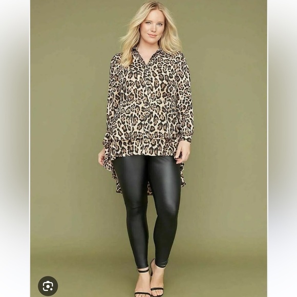 Lane Bryant Leopard Print Ruffle Dramatic High Low Button Front Blouse size 20 - Picture 1 of 9